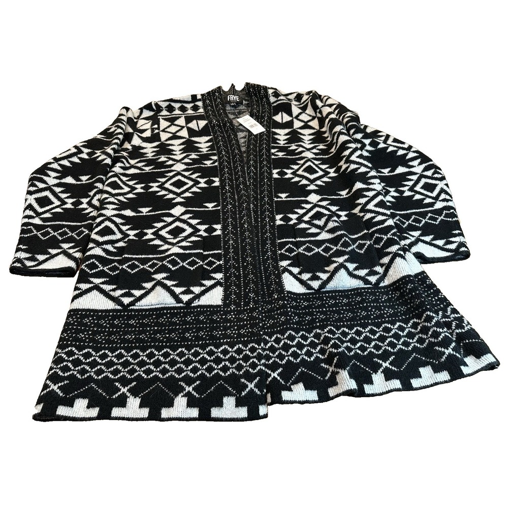 NEW Frye Sweater Womens Black and White Aztec Open Cardigan Knit Size L NWT